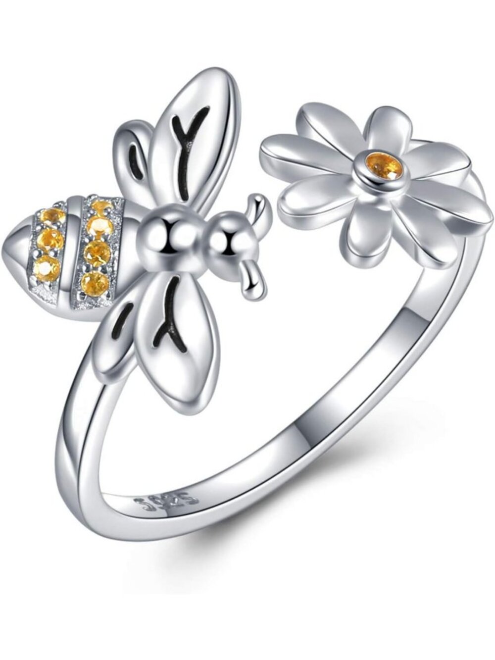 Sterling Silver Honeycomb Bee Flower Ring with Cubic Zirconia - Perfect Gift for